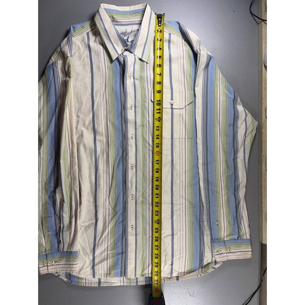 Tommy Bahama Shirt Mens Large Cream Blue Green Silk Cotton Striped Palm Jacquard - Picture 6 of 7